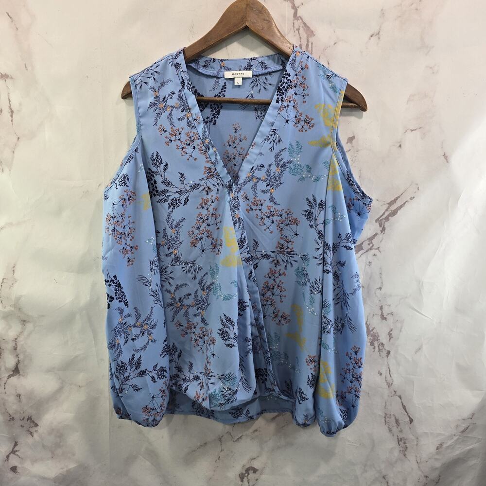 Maette Stella Dot Blouse Womens Large Blue Floral Cut Out Cold Shoulder Slouchy